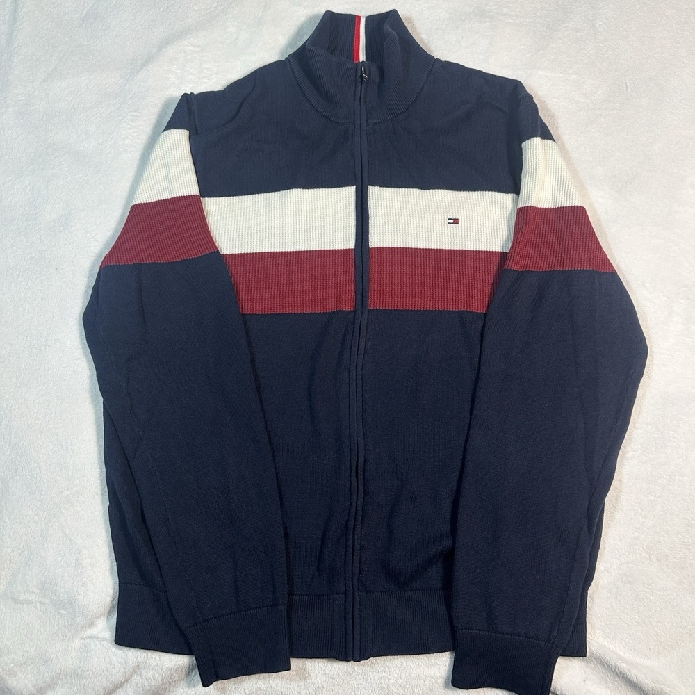 Tommy Hilfiger Mens Size XXL Full Zip Knit Sweater Navy Red White Stripe Logo